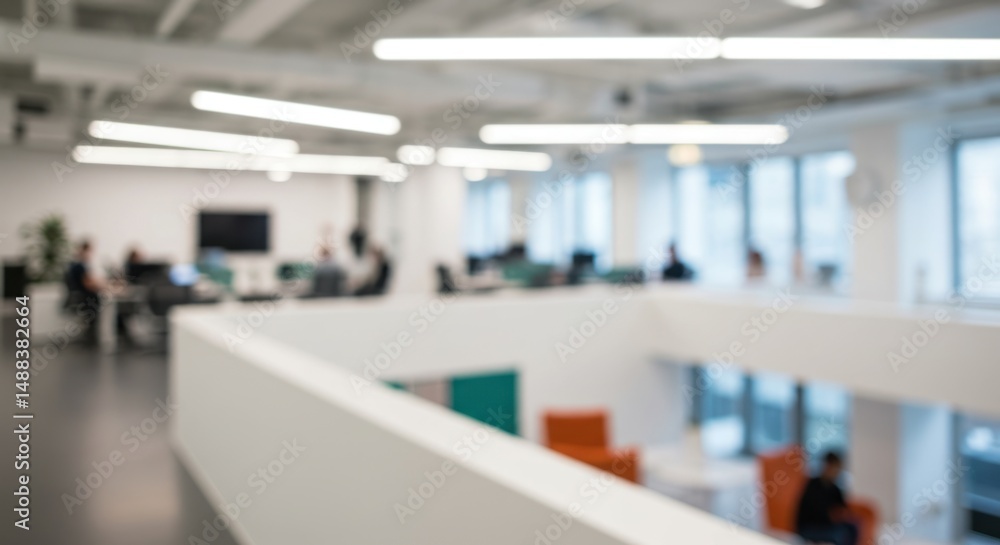Blurred office interior with desks chairs computers and people working in bright space. Blurred office interior with desks chairs computers and people working in bright space.
