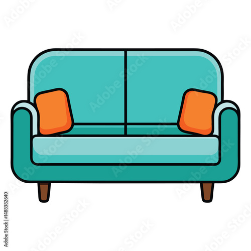 A simple drawing of a couch with two cushions and rounded armrests and short legs
