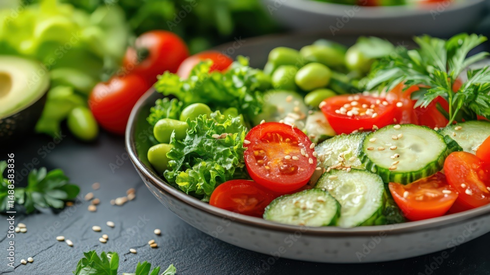 Colorful Poke Bowl with Tuna Avocado Edamame Cucumber and Tomato Colorful Poke Bowl with Tuna Avocado Edamame Cucumber and Tomato