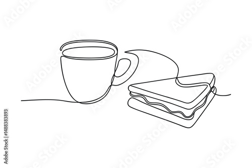 Minimalist one line drawing of a coffee cup and a sandwich breakfast illustration