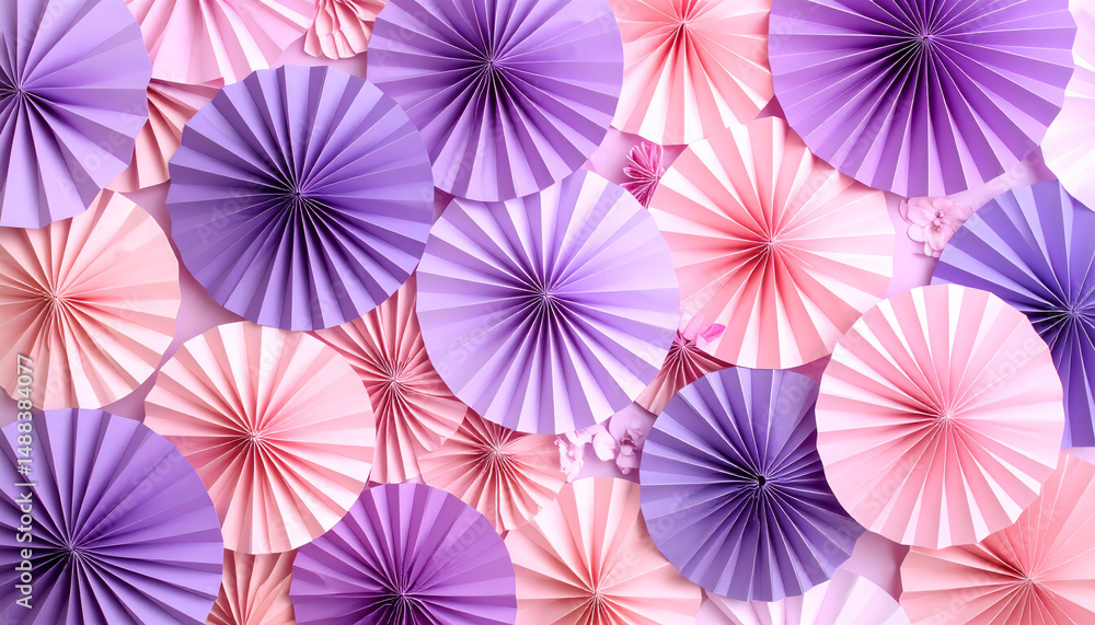 Colorful paper fans in shades of pink and purple create a vibrant backdrop, ideal for celebrations and decorations Colorful paper fans in shades of pink and purple create a vibrant backdrop, ideal for celebrations and decorations