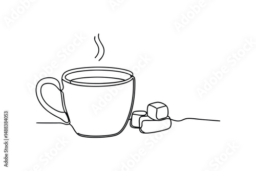Minimalist line drawing illustration of a steaming coffee cup and sugar cubes