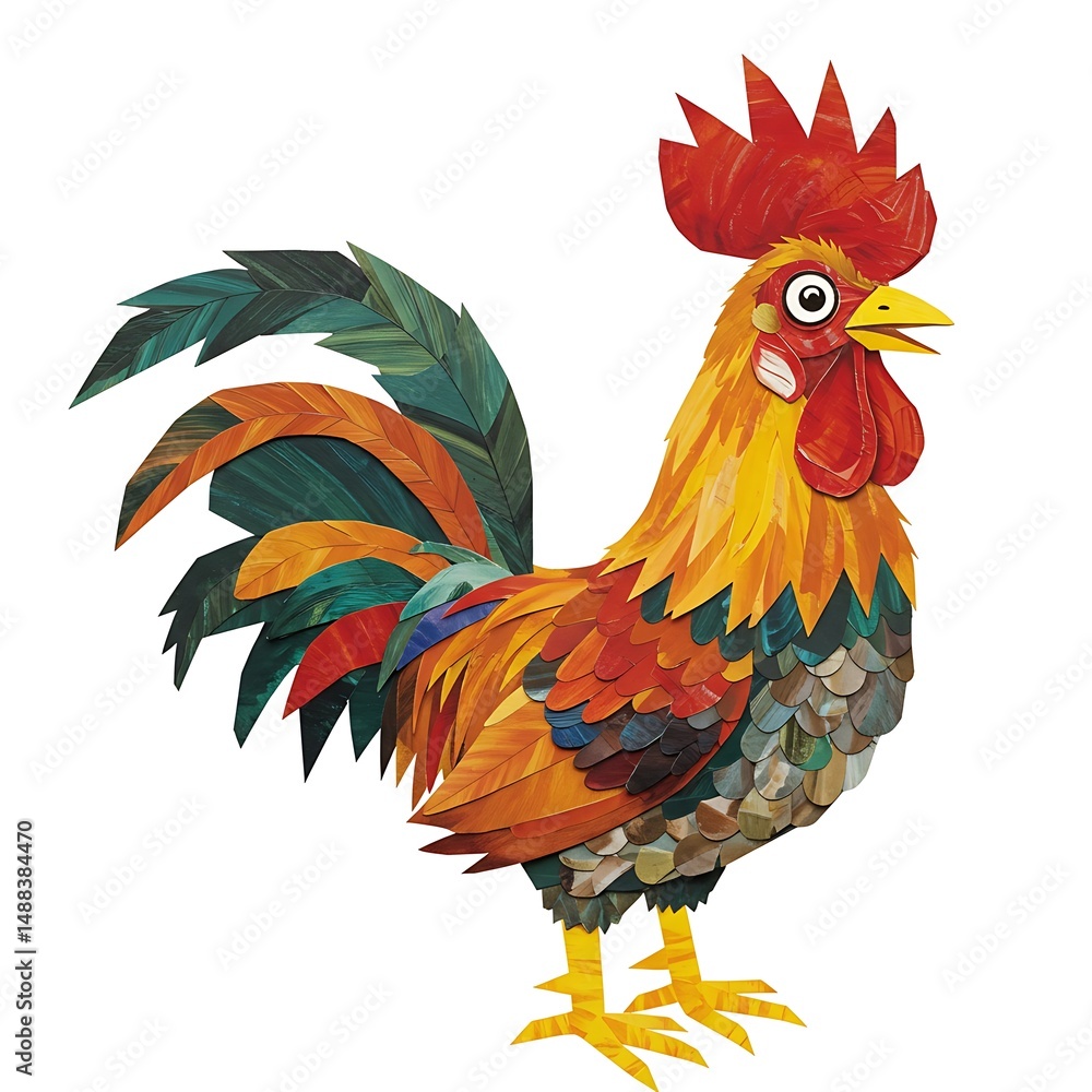 Fototapeta premium Colorful Artistic Rooster Illustration Cutout on White Background for Decoration