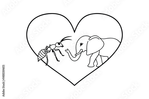 Simple black and white illustration of an elephant and ant sharing a heart symbol