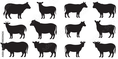 Farm Animal Silhouettes Collection Black and White, Cattle Cows Goats and Bulls Farm Animals