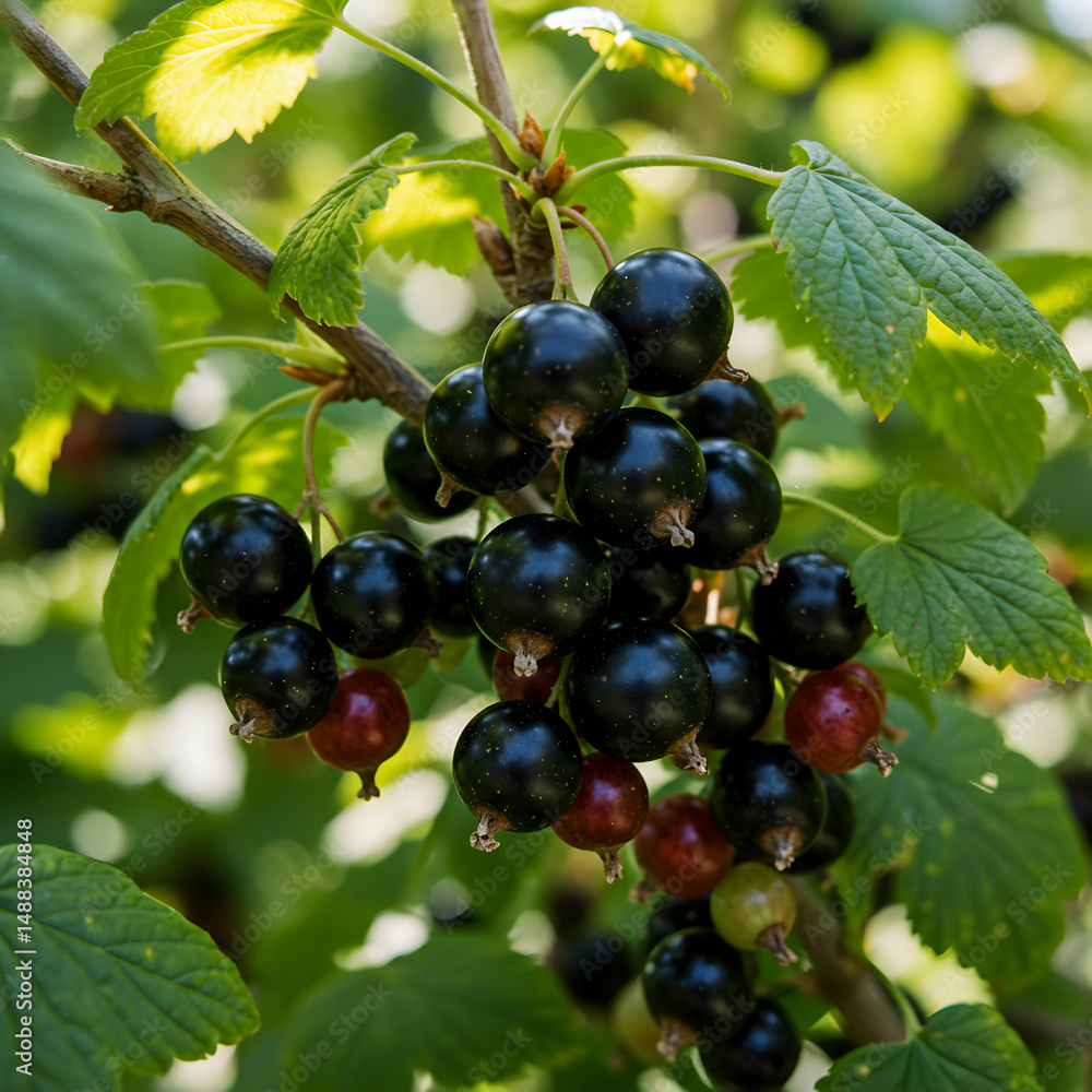 Blackcurrant Bush: Ripe Berries & Green Leaves Blackcurrant Bush: Ripe Berries & Green Leaves