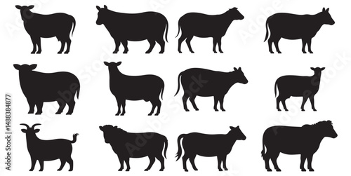 Farm Animal Silhouettes Collection Black and White, Cattle Cows Goats and Bulls Farm Animals