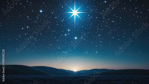 The star glows above the manger on a starry night sky