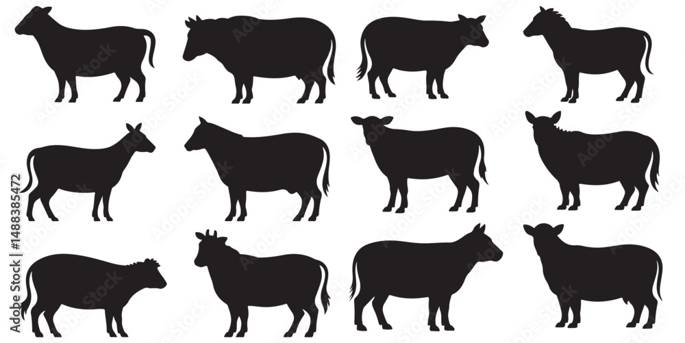 Fototapeta premium Farm Animal Silhouettes Collection Black and White, Cattle Cows Goats and Bulls Farm Animals