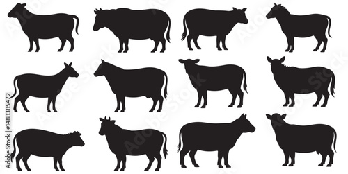 Farm Animal Silhouettes Collection Black and White, Cattle Cows Goats and Bulls Farm Animals