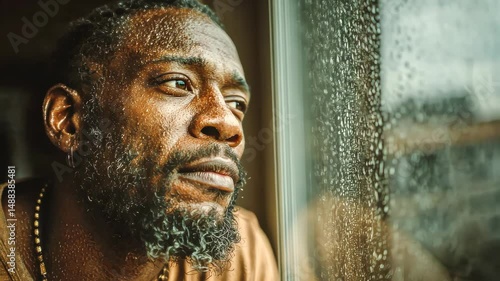 Close-up portrait of a black man gazing thoughtfully out a rain-covered window, evoking emotion and contemplation