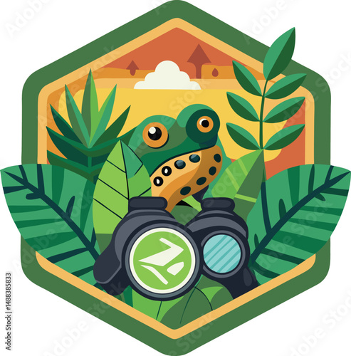 Frog watching through binoculars inside a geometric nature illustration