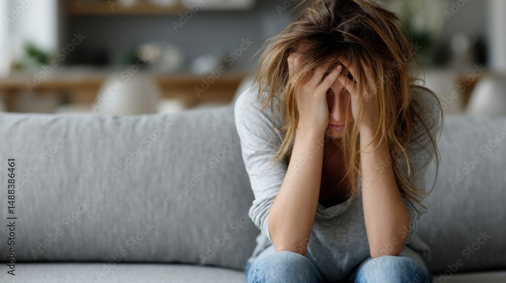 Obraz premium Woman Struggling with Overwhelming Stress and Anxiety