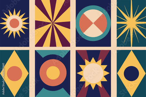 Geometric illustration composed of abstract shapes and symmetrical designs
