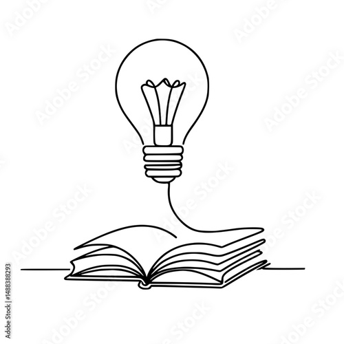 Line drawing of an open book with a light bulb above it - Concept of line drawing on a transparent background  