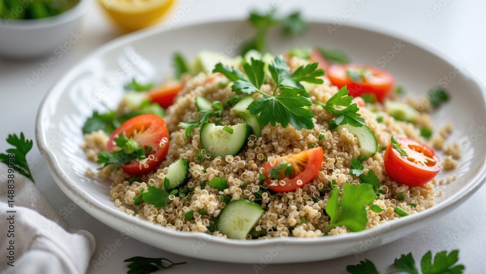 Vegetarian salad featuring bulgur, quinoa, tomato, cucumber, parsley, and lemon juice. Closeup. Vegetarian salad featuring bulgur, quinoa, tomato, cucumber, parsley, and lemon juice. Closeup.