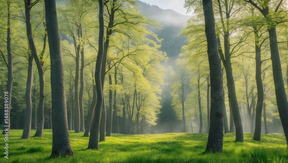 Naklejka premium Beech trees in springtime on the mountain