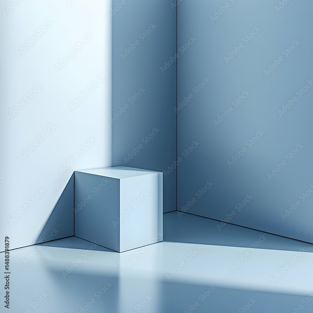 Fototapeta premium Minimalist blue cube display; sunlight in corner; clean background; product presentation