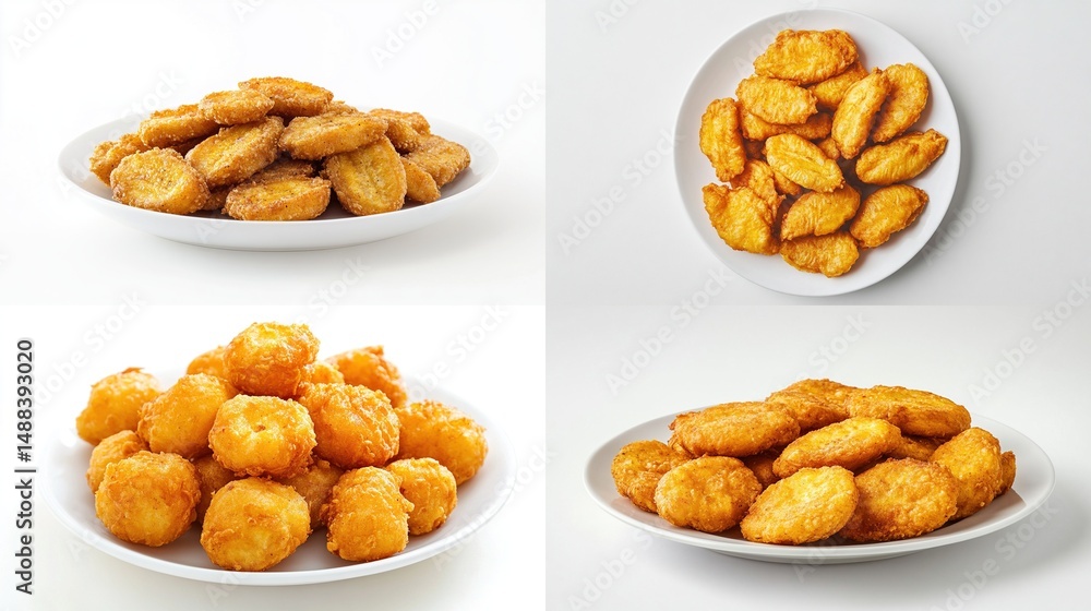 Four white plates present various arrangements of golden, crispy chicken nuggets Four white plates present various arrangements of golden, crispy chicken nuggets