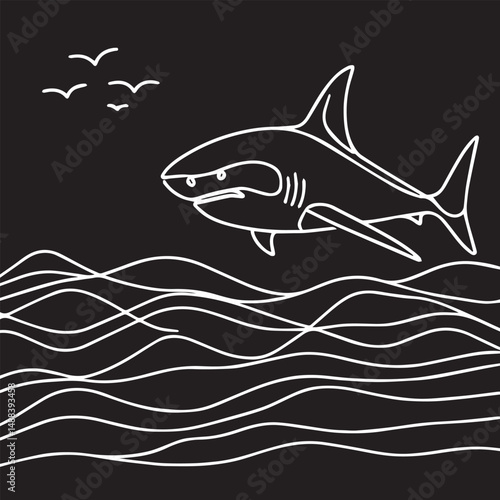 Continuous one single minimal line drawing shark