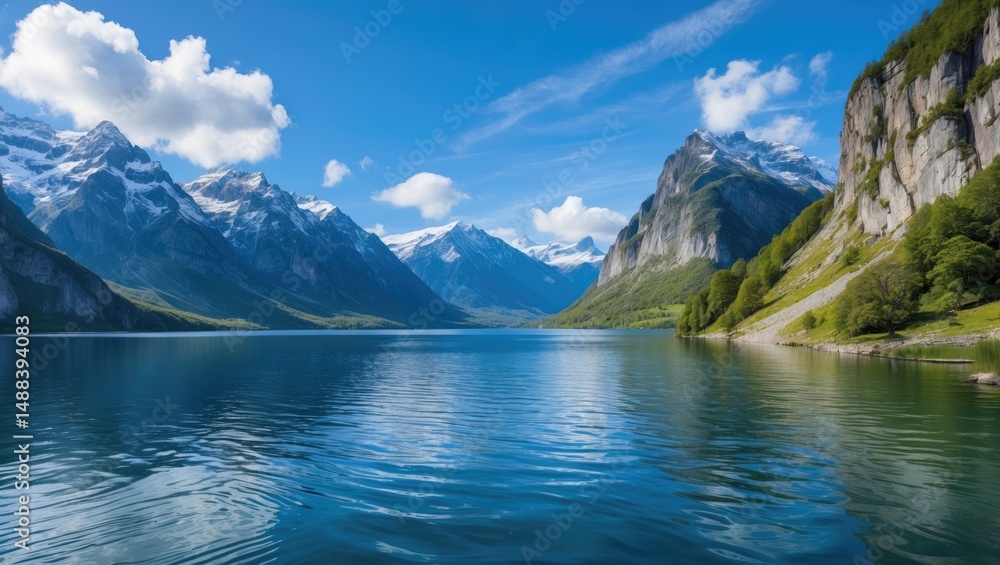 Naklejka premium Capture of breathtaking landscape featuring a lake, mountains, and cliffs