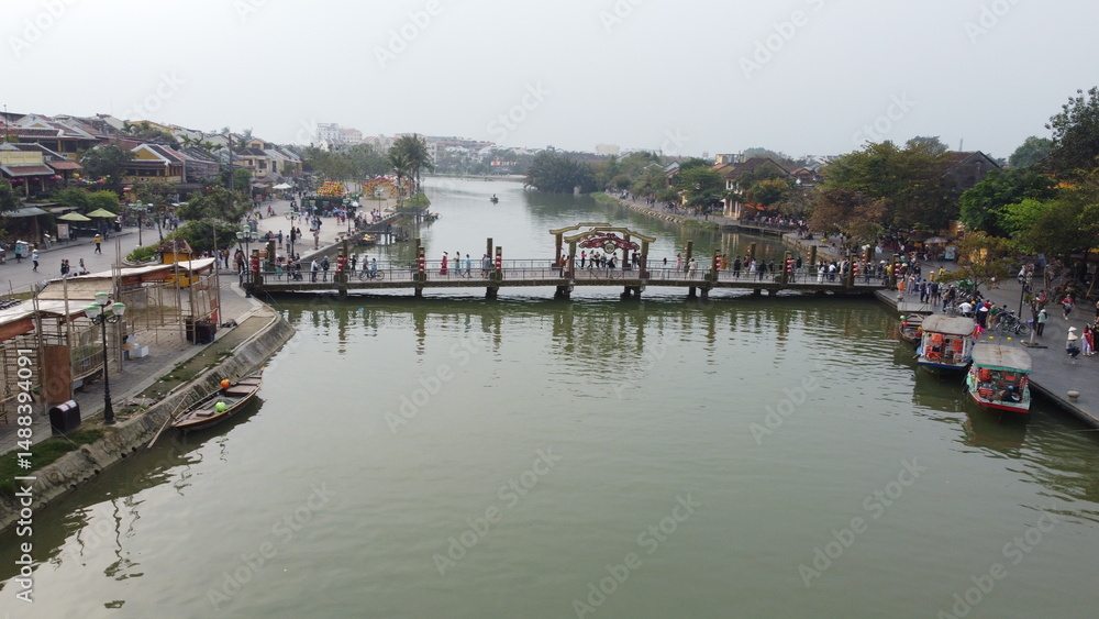 Fototapeta premium Drone Shot of Iconic An Hoi Bridge at Hoi An Ancient Town