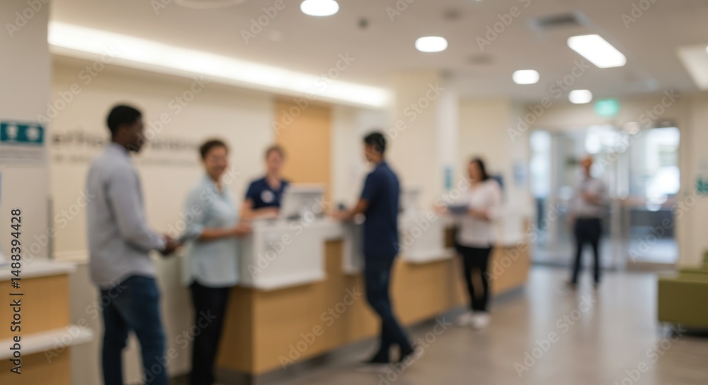People stand at a reception desk in a bright indoor waiting area. People stand at a reception desk in a bright indoor waiting area.