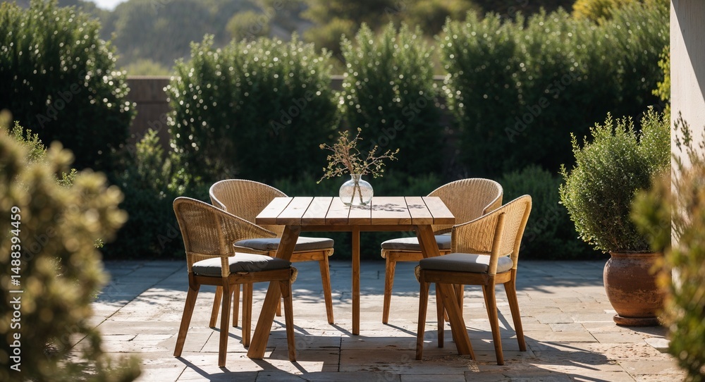 Fototapeta premium Outdoor dining table placed on a patio with shrubs in view