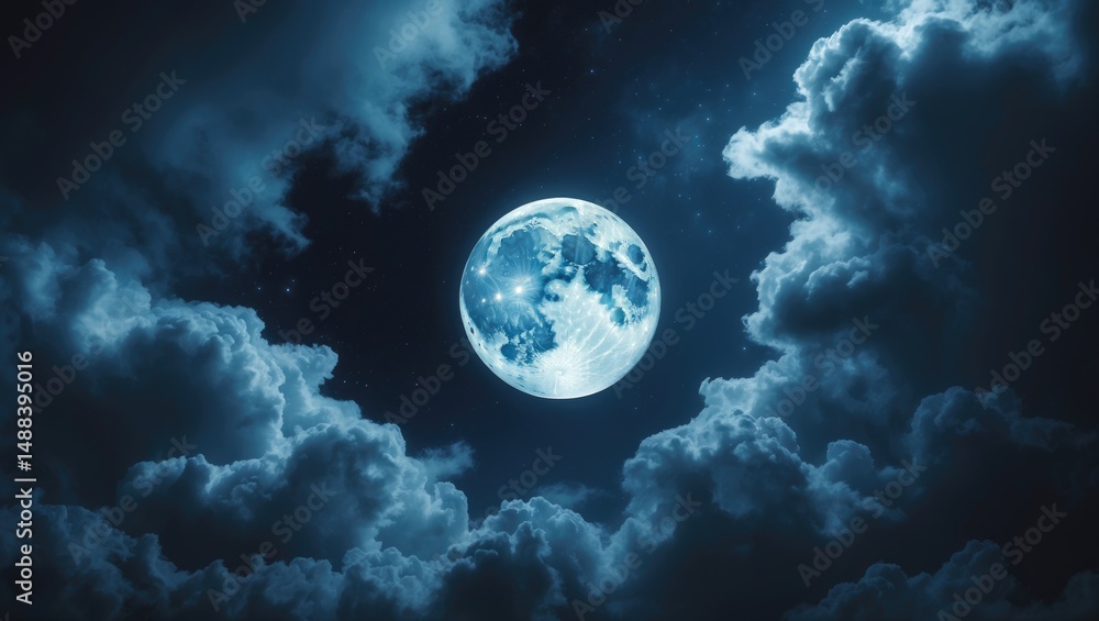 Night sky featuring dark clouds and a full moon in space. Night sky featuring dark clouds and a full moon in space.