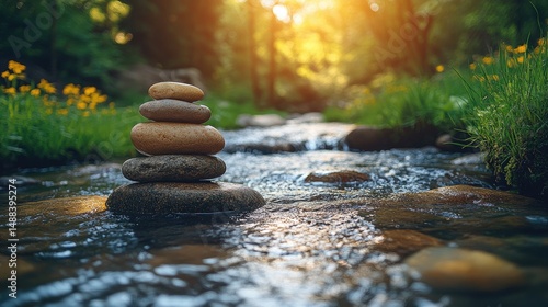 Stacked stones by a tranquil stream in a sunlit forest