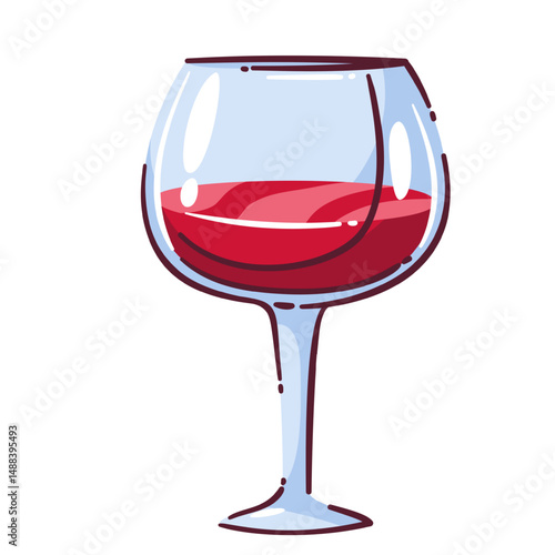 Red wine glass doodle style. Vector illustration of alcohol drink in cartoon style, transparent blue glass and deep red drink. Wine glass doodle for sticker or bar menu or restaurant design.