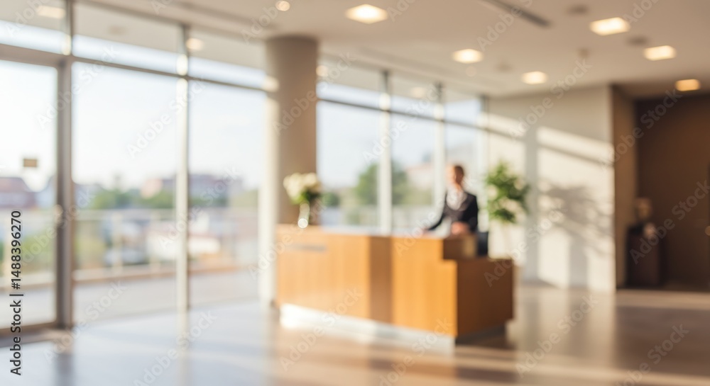 Reception desk in a bright modern building with a person standing behind it. Reception desk in a bright modern building with a person standing behind it.