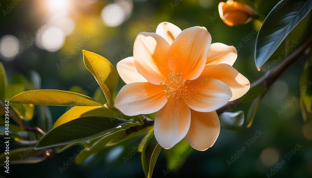 Fototapeta premium subtle pale orange flower blooming in the shade of a tree orange blossom floral details