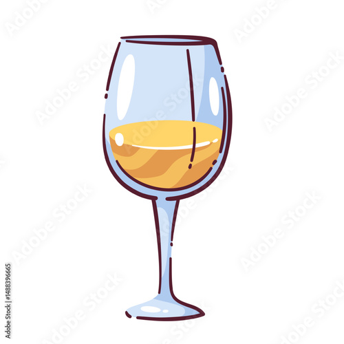 Hand drawn white wine glass doodle in cartoon style. Glass with pale yellow alcohol drink, transparent glass. White wine glass doodle, sticker, vector illustration
