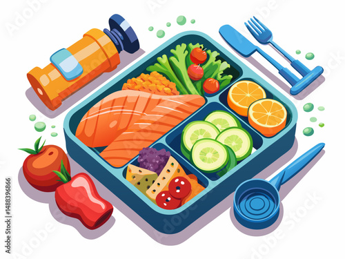  A meal prep box with salmon, quinoa, and roasted vegetables. White background, fitness-focused lunch option