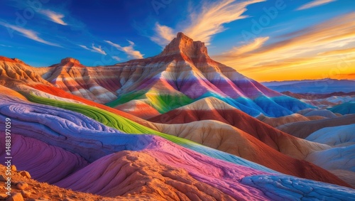 Stunning views of Rainbow mountain with a blue sky at sunset. Vibrant landscape, rainbow-hued hills, uniquely colored rocks, sandstone wear.