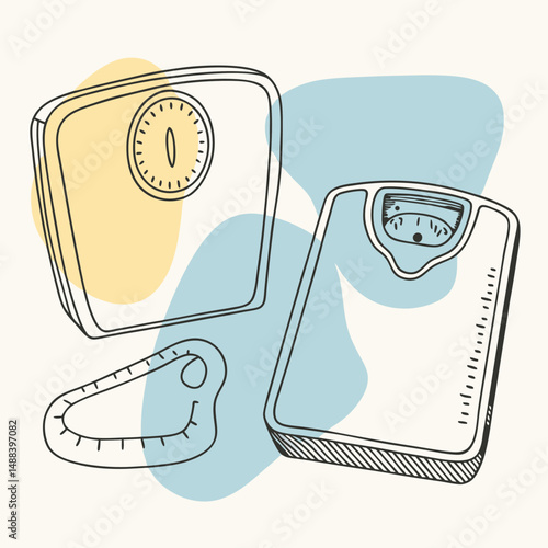 Minimalist illustration of weight scales and tape measure with colorful backgrounds