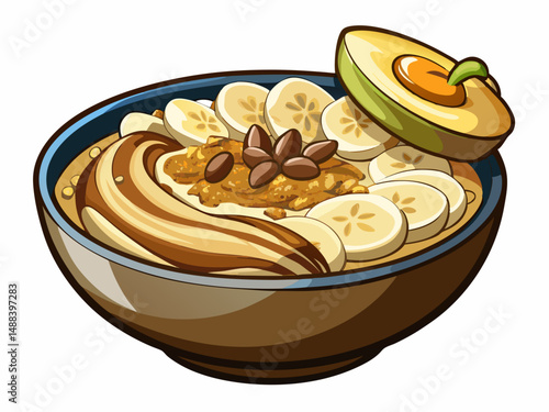 A bowl of oatmeal topped with banana and peanut butter. White background, ideal pre-workout meal concept