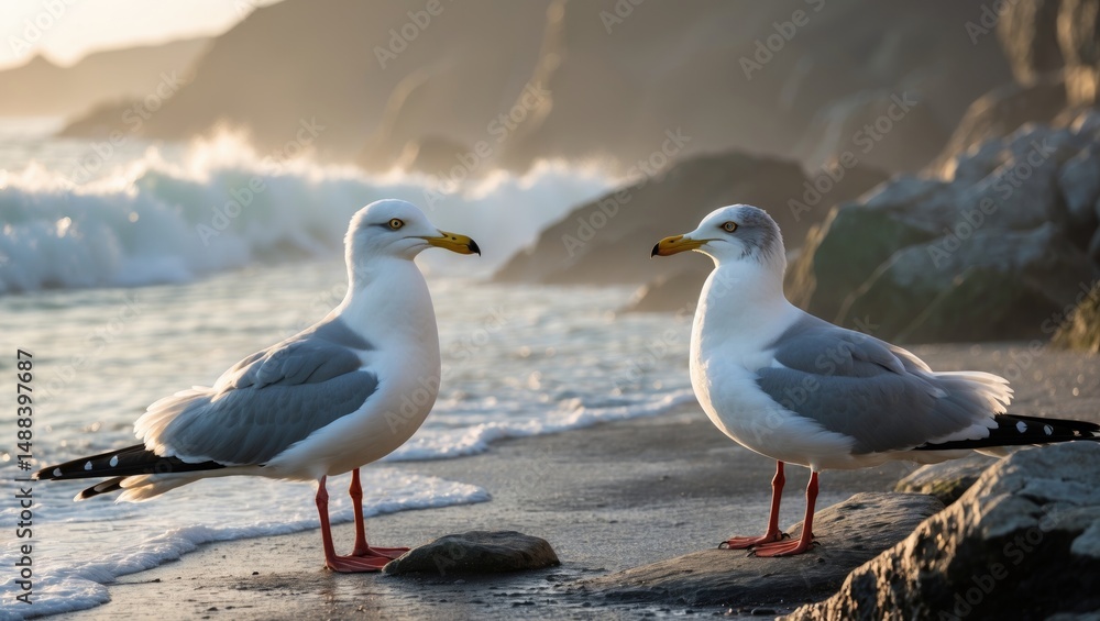 Obraz premium Morning scene of male and female sea gulls at a rocky beach