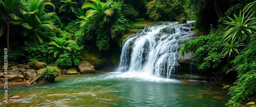 Ravana Falls cascading water, lush green jungle setting, natural beauty, foliage
