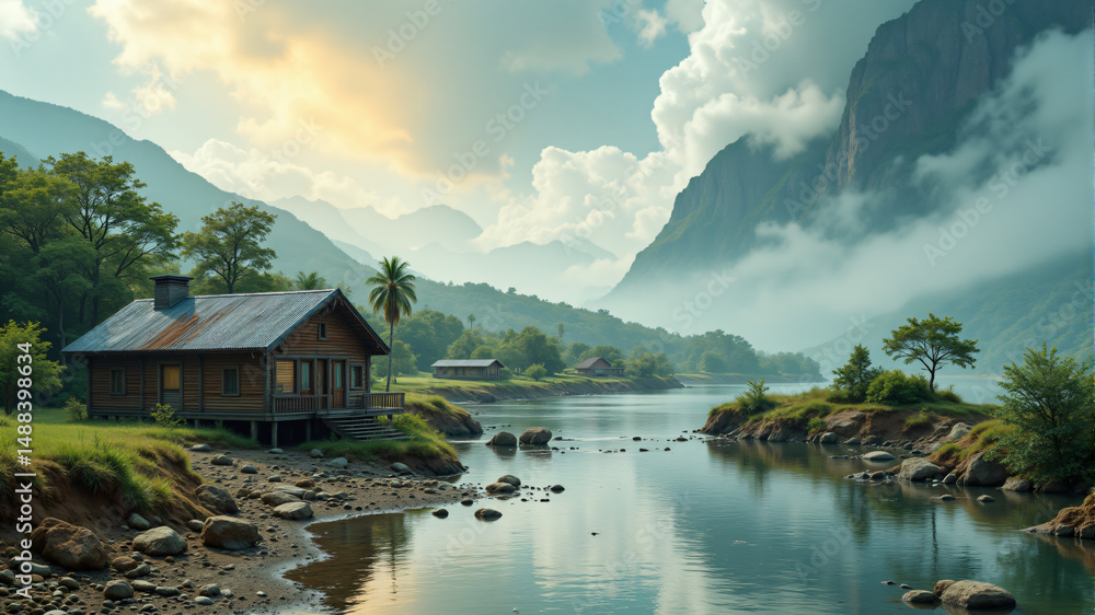 Fototapeta premium Serene Mountain River Scene with Cottage and Lush Nature