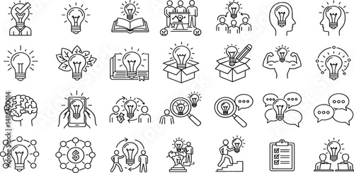 Idea Editable Icons set. Vector illustration in modern thin line style of creating related icons: research, thinking, solution, and more.
