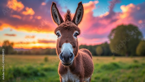 Image of a humorous donkey during sunset.