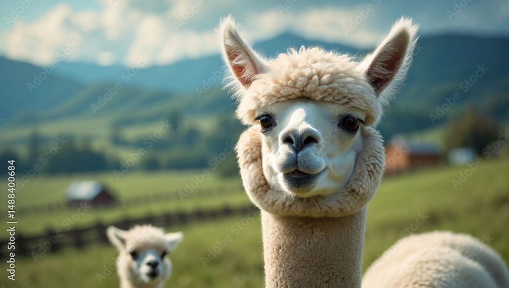 Obraz premium Cute curly white alpaca looking towards the camera with soft sunlight on its back, grazing together with other alpacas on a picturesque farm enveloped by green mountains.