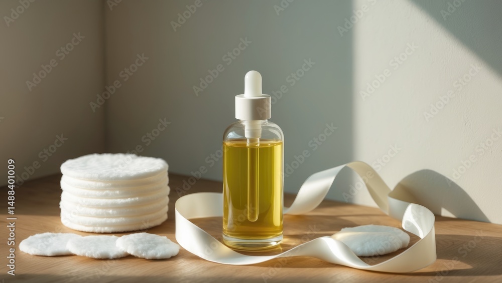 Two-phase micellar oil and water with cotton pads on table and wall. Makeup removal skincare. Cosmetic bottle containing liquid for facial cleansing or gentle makeup removal. Two-phase micellar oil and water with cotton pads on table and wall. Makeup removal skincare. Cosmetic bottle containing liquid for facial cleansing or gentle makeup removal.