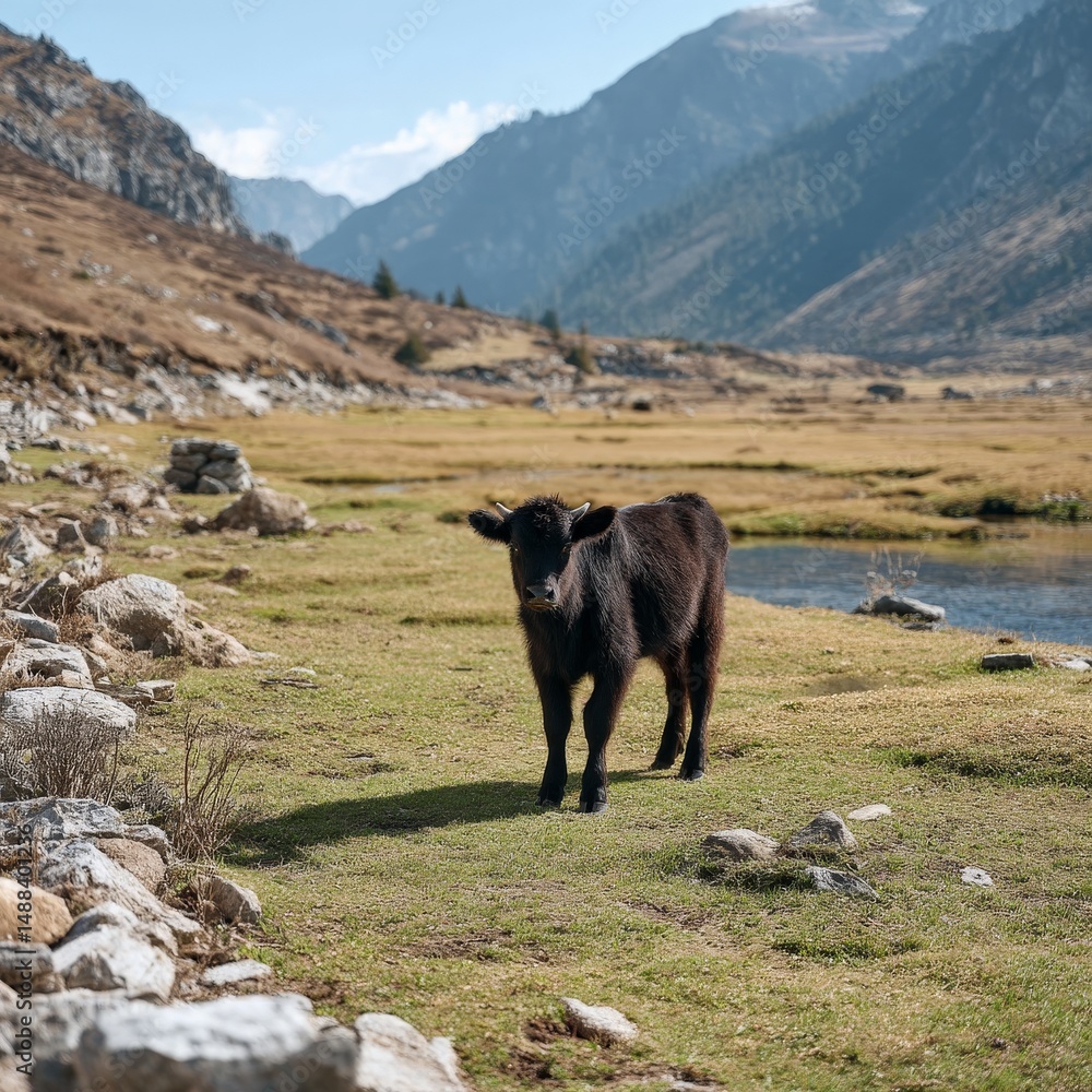 Fototapeta premium A Young Black Calf Grazing Playfully in a Serene Meadow Surrounded by Majestic Mountains and Clear Blue Skies in a Beautiful Natural Landscape