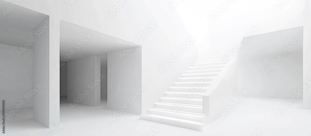 Obraz premium Minimalist white architectural space featuring stairs and doorways forming an abstract labyrinth