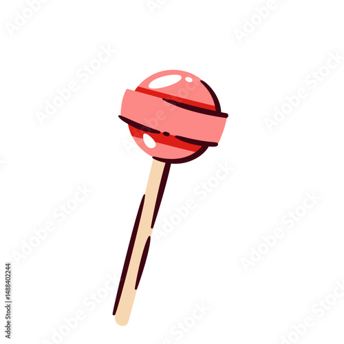 Red lollipop on a wooden stick, round candy with glossy surface. Sweet treat for kids, party favor, or candy shop menu. Fun cartoon doodle vector illustration.