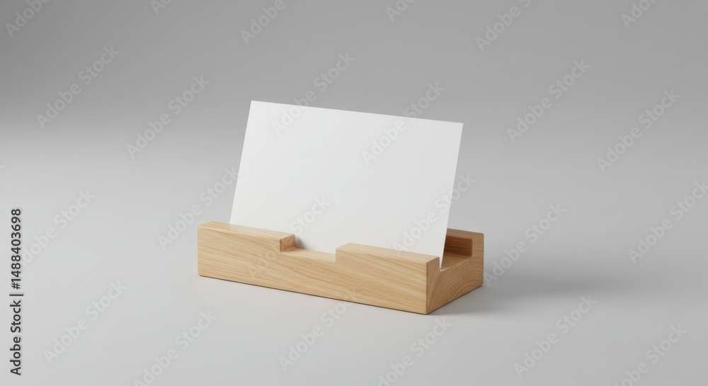 A blank white business card sits in a light wooden holder on gray. A blank white business card sits in a light wooden holder on gray.