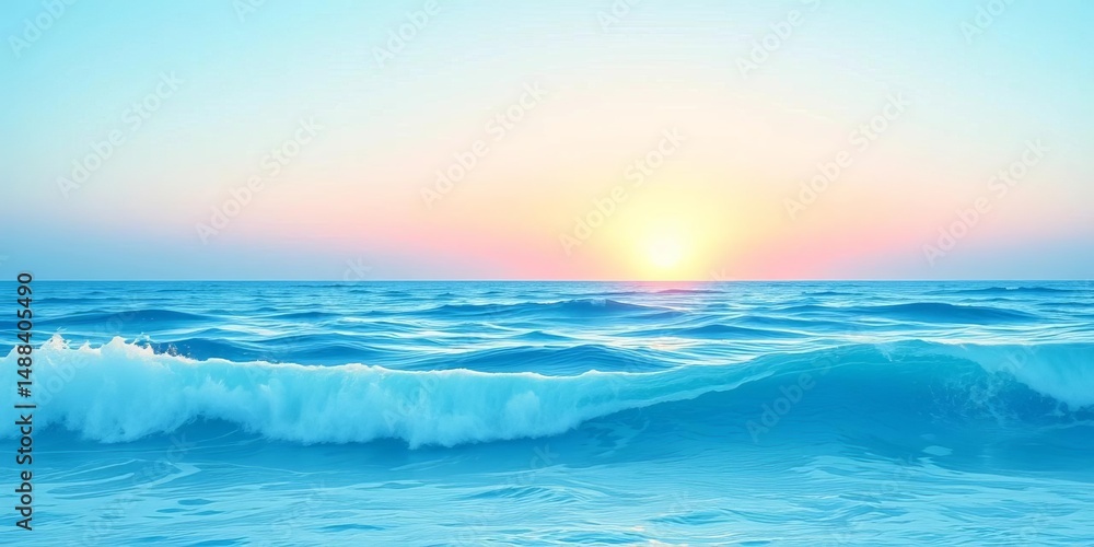 Fototapeta premium Pastel blue cutout collage of vintage summer surf aesthetic; sea sunset, waves pattern, coastal holiday design, empty space, element, sunset